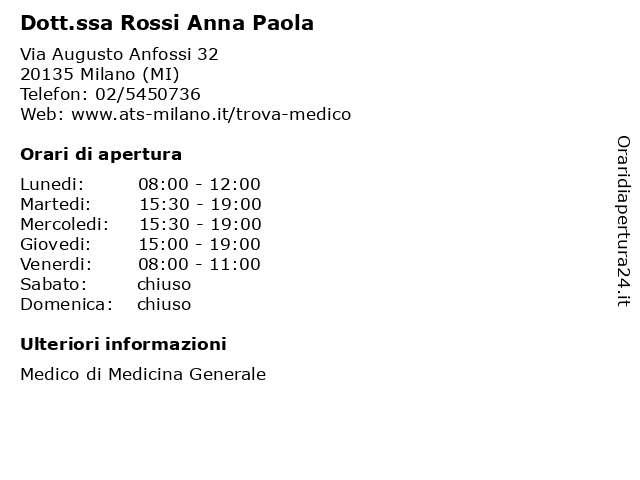 ᐅ Orari di apertura „Dott.ssa Rossi Anna Paola“ | Via Augusto Anfossi